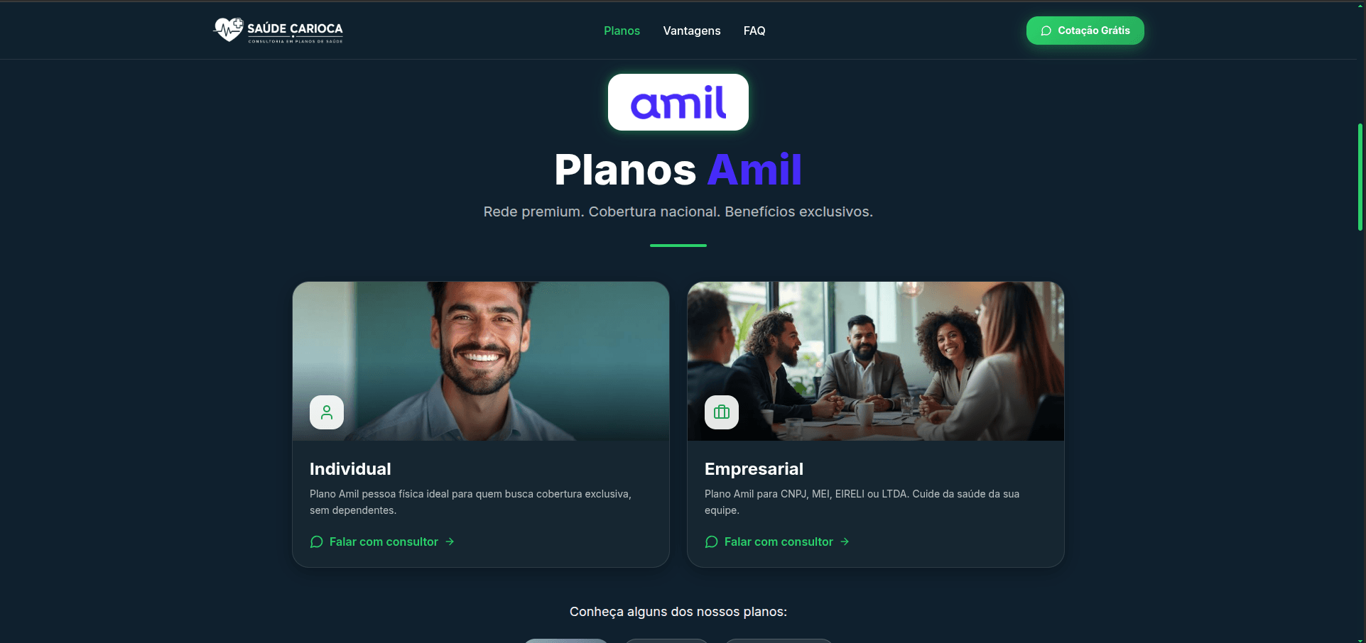 Amil Saúde Carioca — cards dos planos Individual e Empresarial