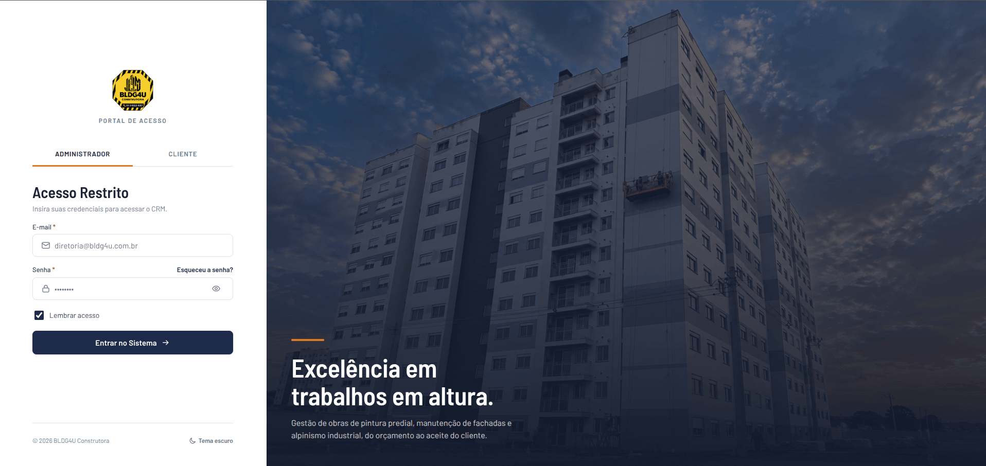 BLDG4U — tela de login com abas para administrador e cliente