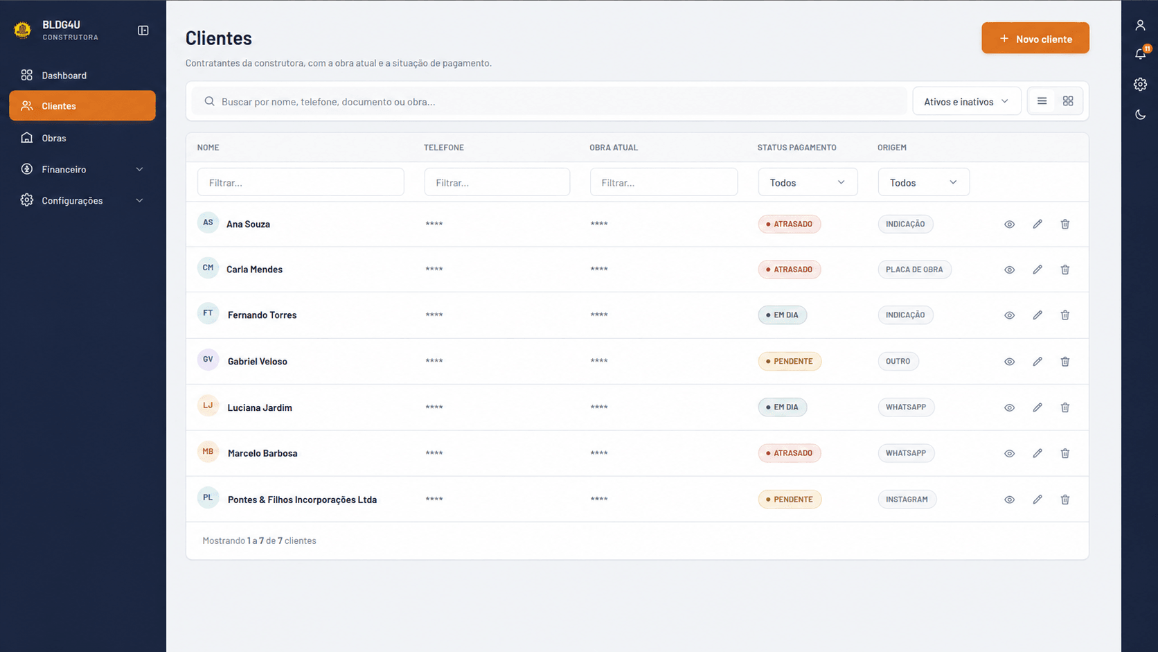 BLDG4U — lista de clientes com obra atual, status de pagamento e origem