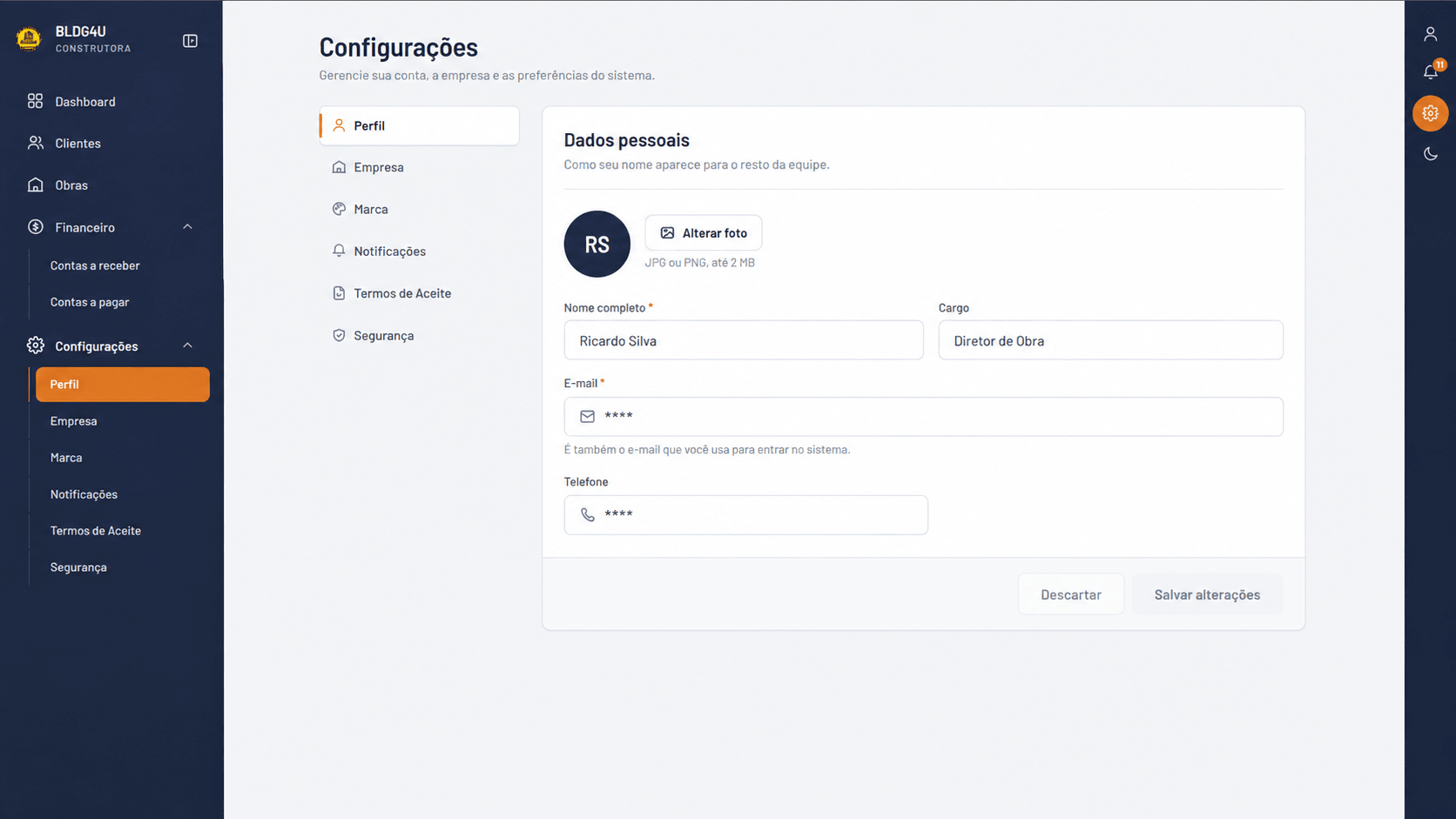 BLDG4U — configurações de perfil, empresa, marca e termos de aceite