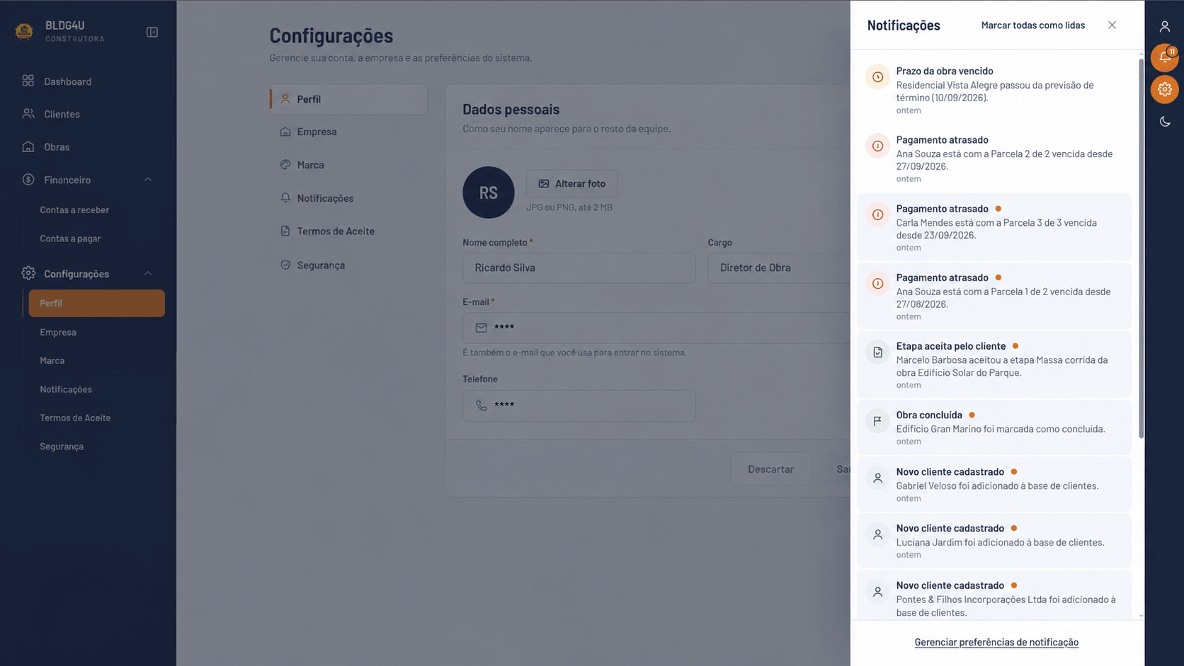 BLDG4U — painel de notificações com prazos vencidos e pagamentos atrasados