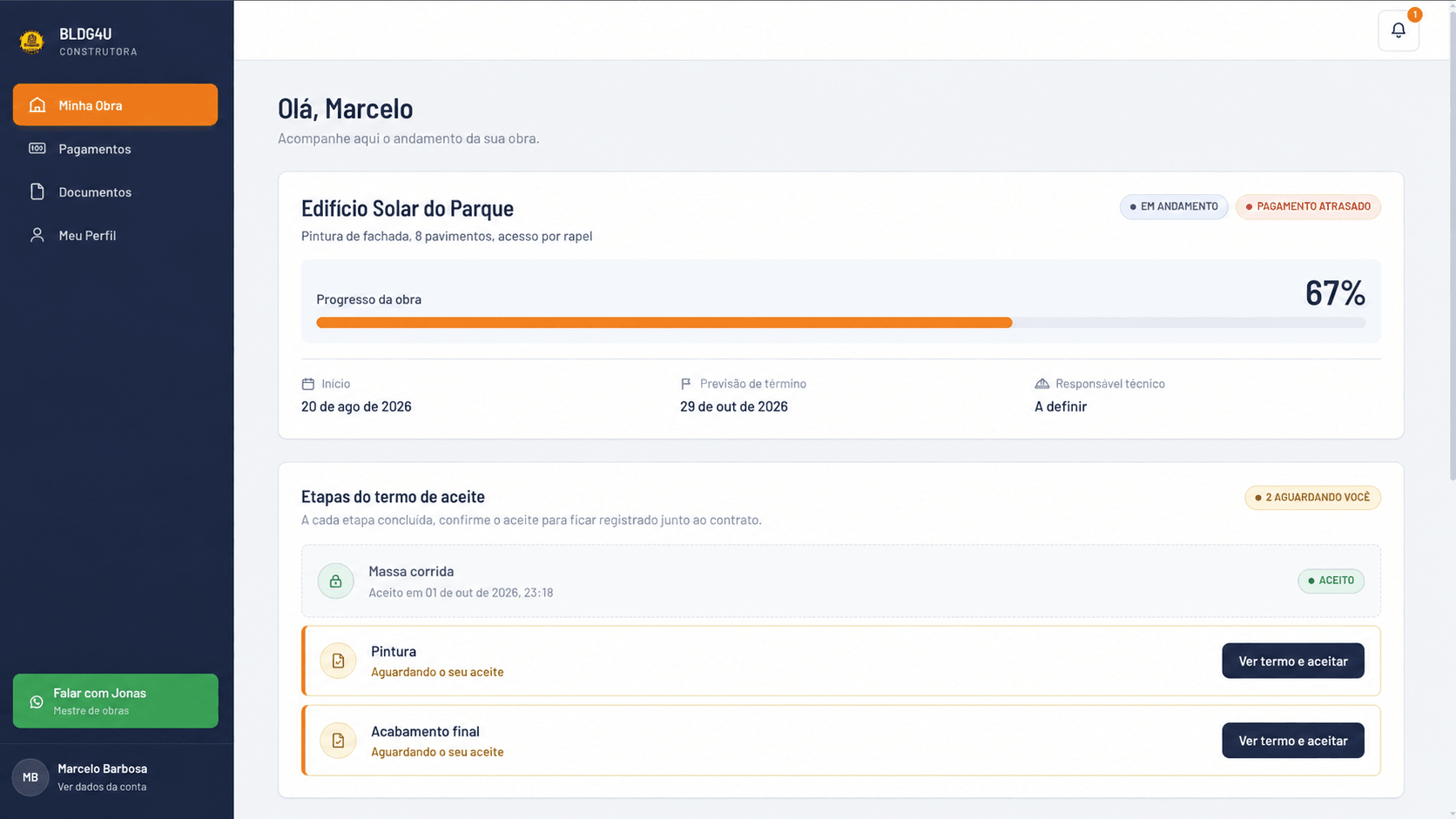 BLDG4U — portal do cliente com o progresso da obra e as etapas para aceite
