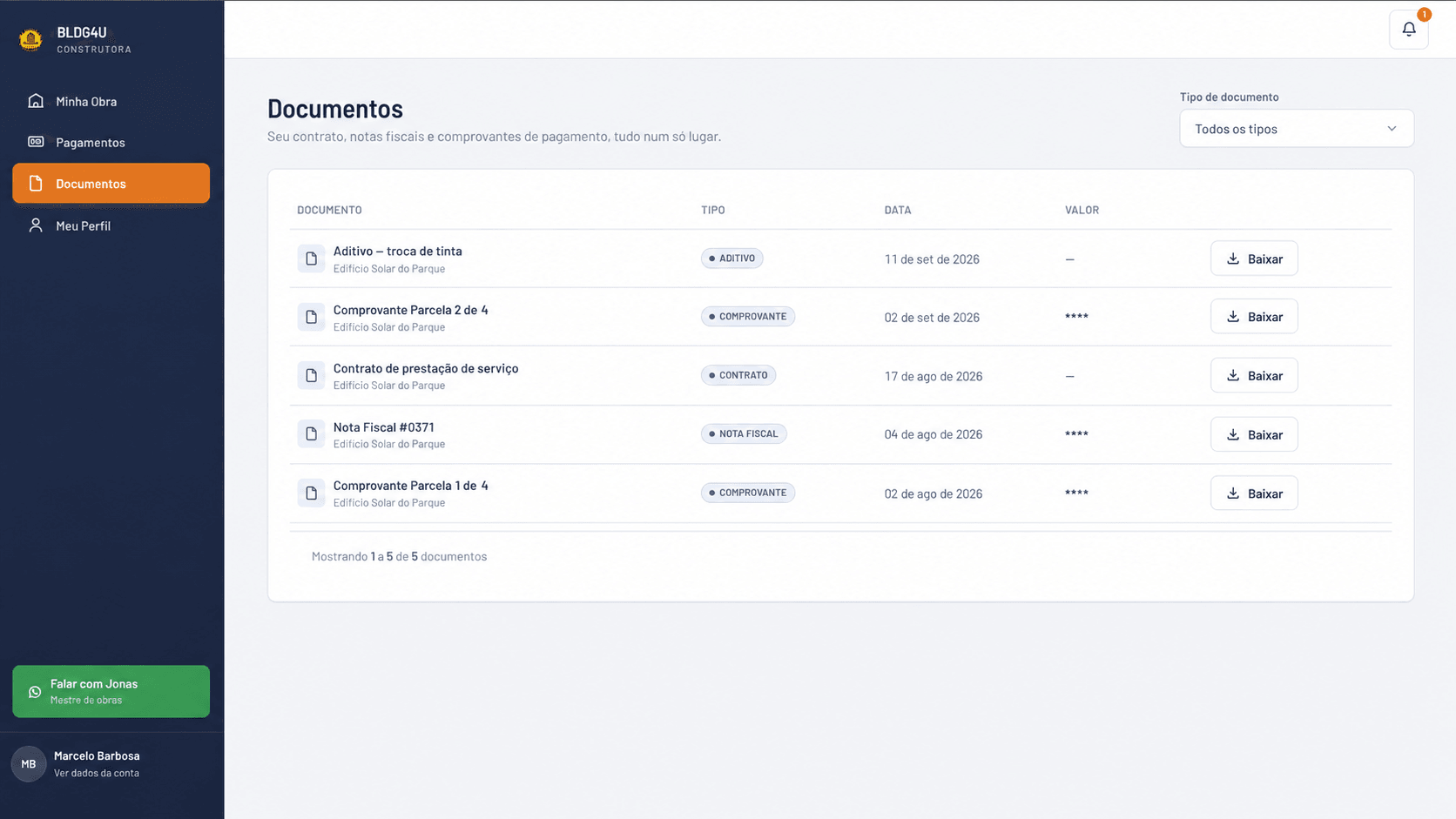 BLDG4U — documentos da obra: contrato, notas fiscais e comprovantes