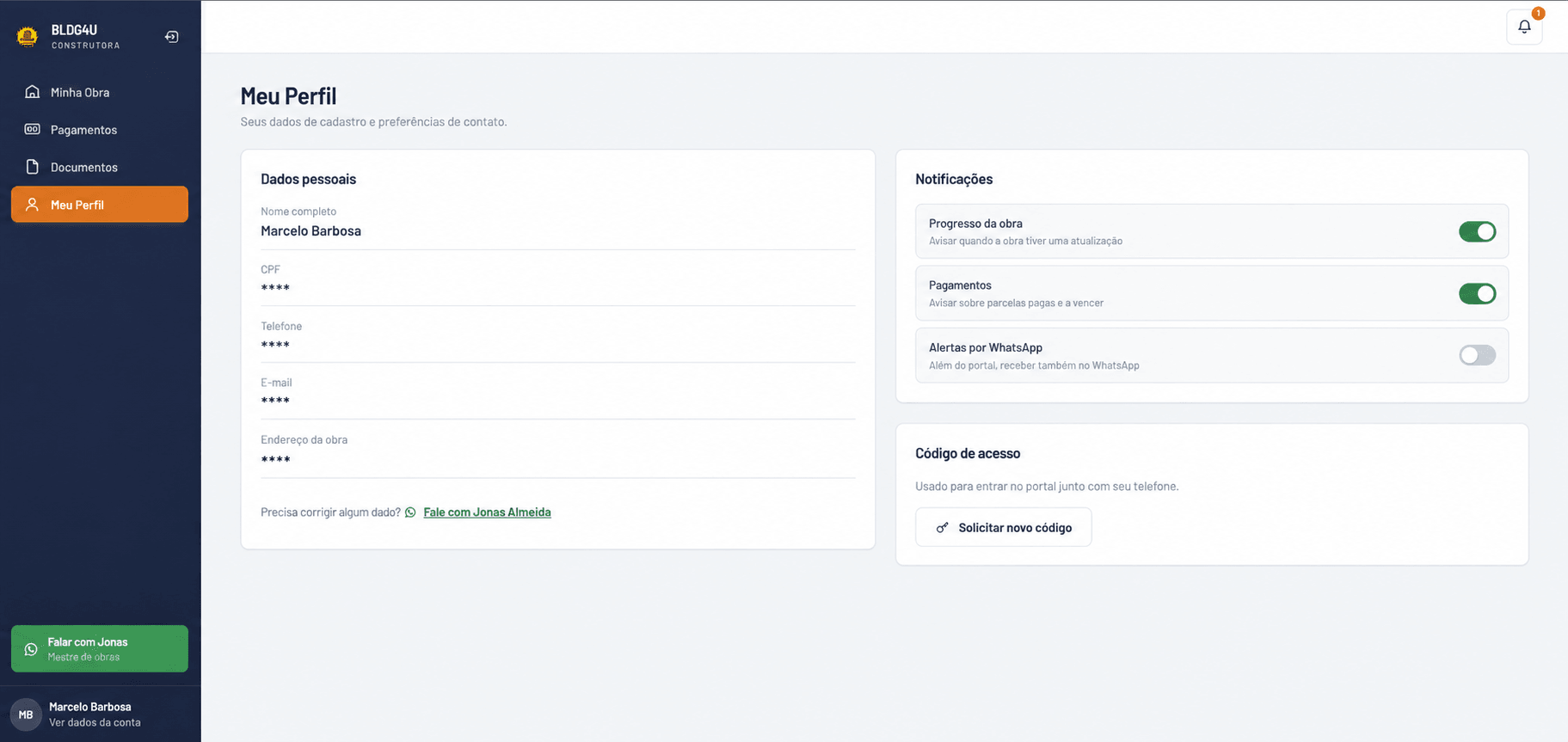 BLDG4U — perfil do cliente com preferências de notificação e código de acesso