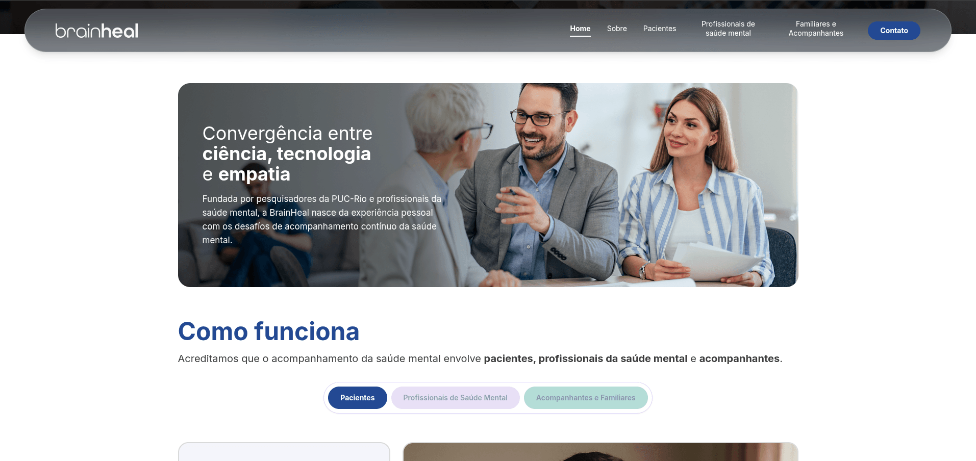 BrainHeal — hero e seção “Como funciona” por perfil de usuário
