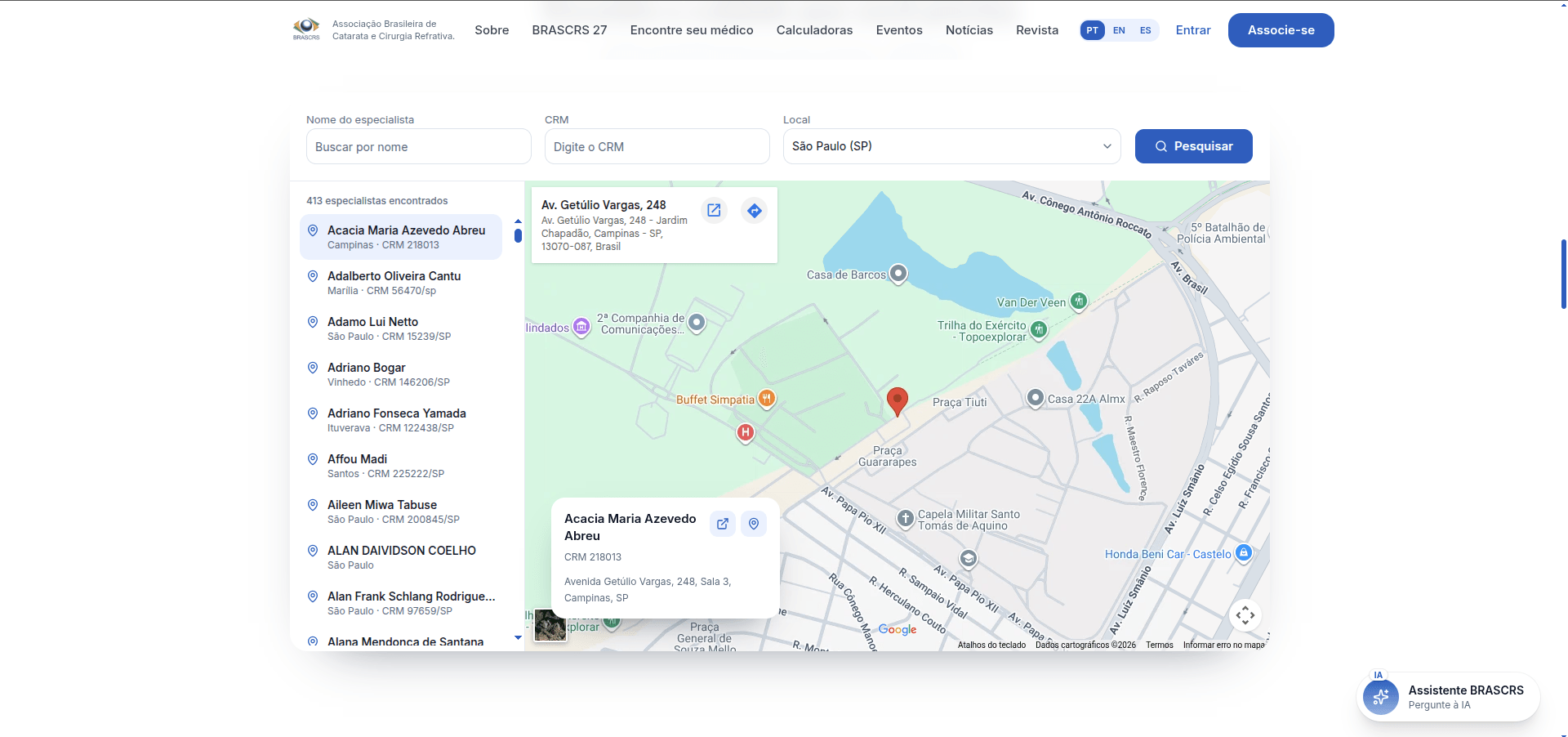 BRASCRS — busca de especialistas por nome, CRM e local, com mapa