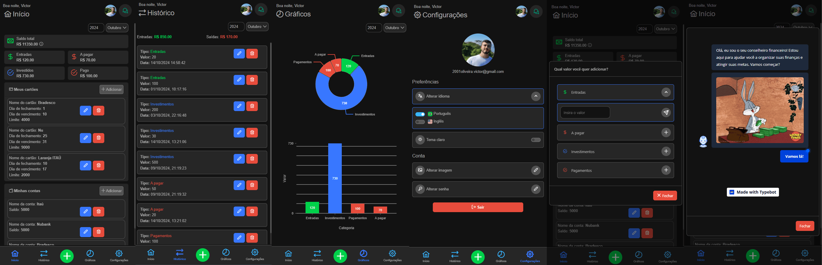 Finance Vision — telas de início, histórico, gráficos, configurações e consultor virtual no tema escuro