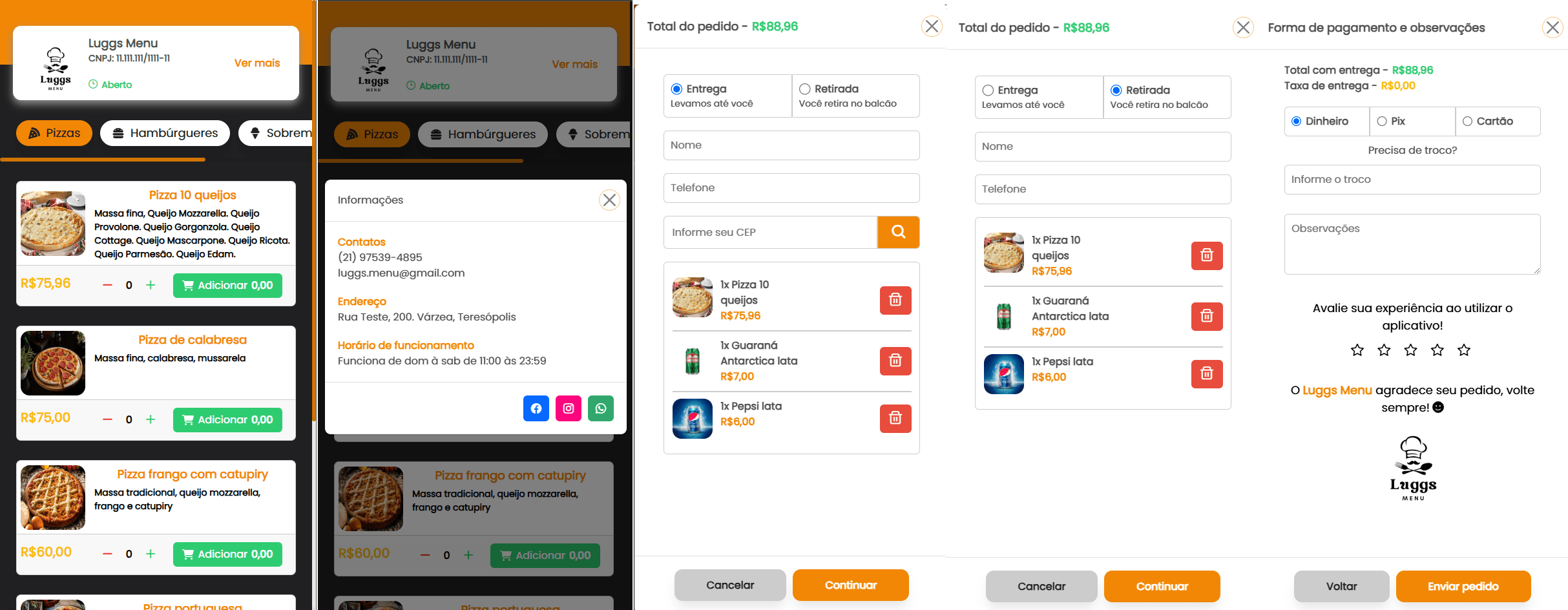 Luggs Menu — cardápio do cliente e fluxo do pedido até o pagamento