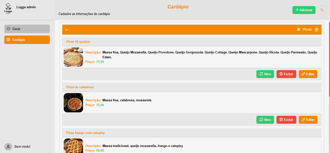 Luggs Menu — painel de cadastro dos itens do cardápio