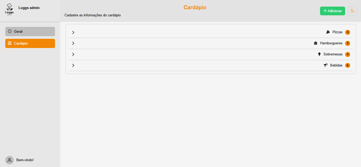Luggs Menu — categorias do cardápio no painel