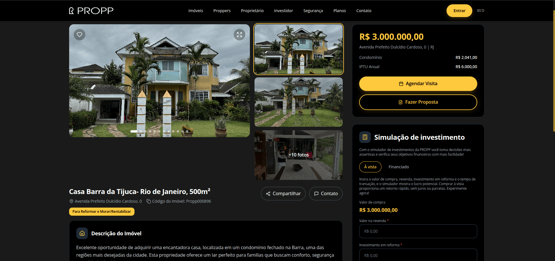 PROPP — página do imóvel com galeria, proposta e simulação de investimento