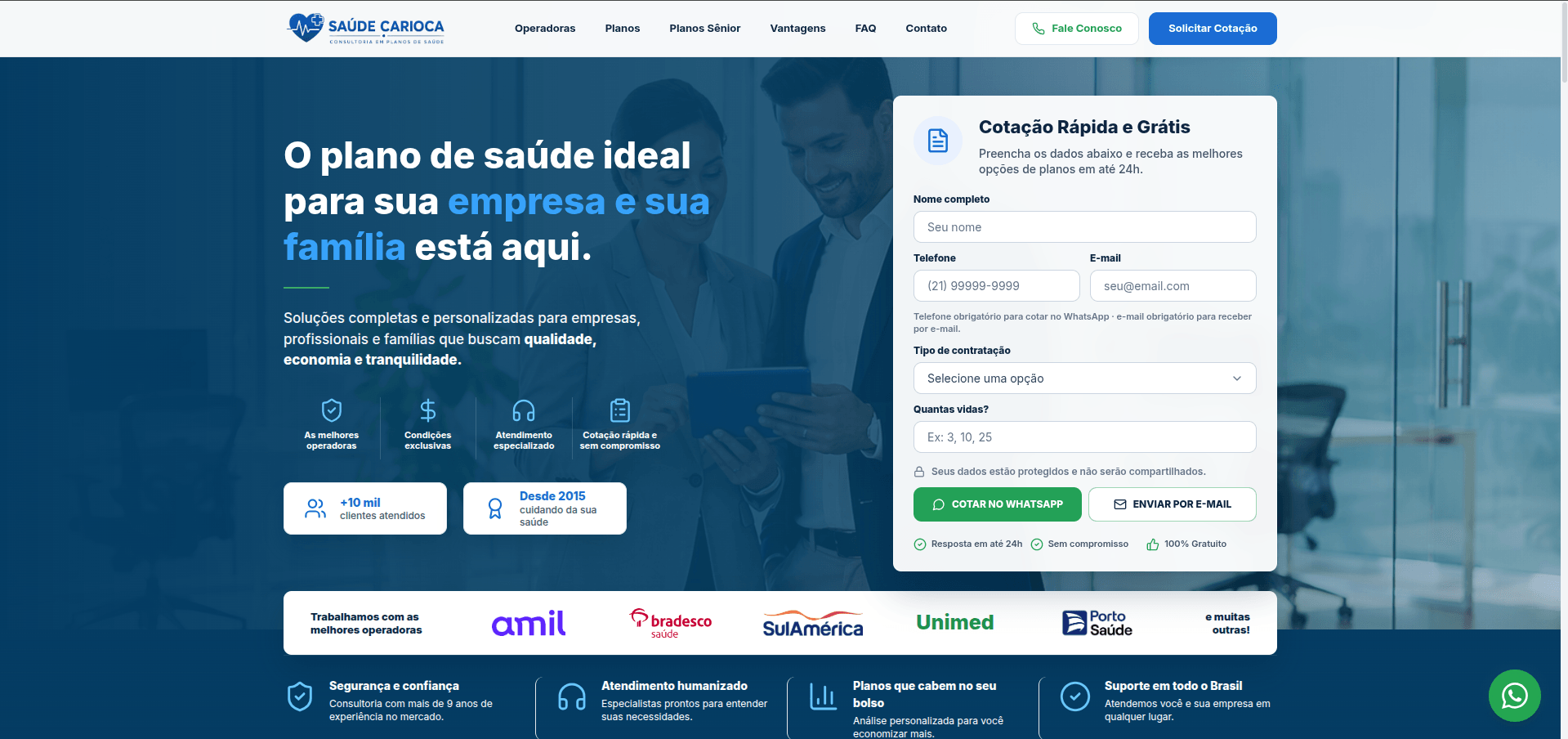 Saúde Carioca — hero com formulário de cotação e operadoras parceiras