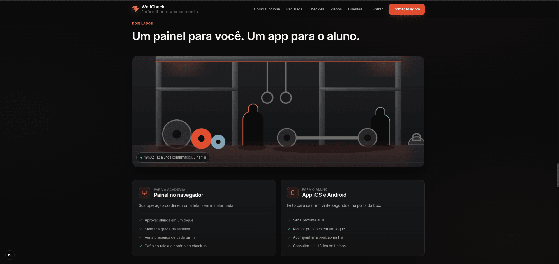 WodCheck — painel no navegador para a academia e app para o aluno