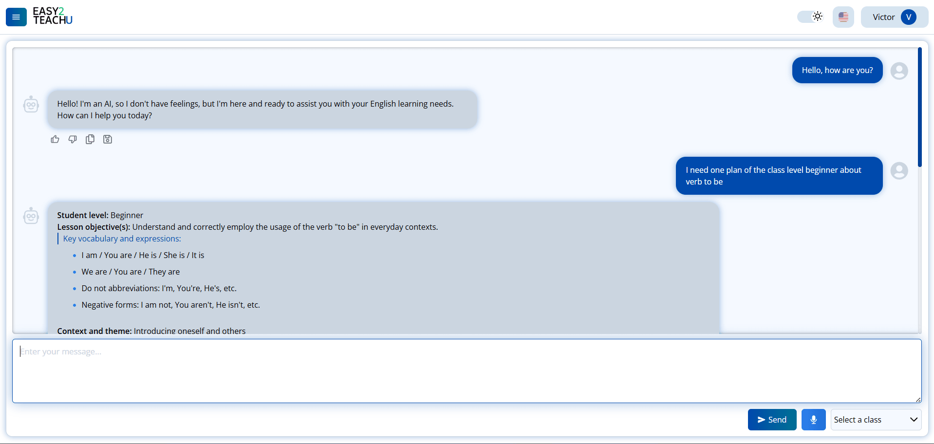 Easy2TeachU — chat com a IA montando um plano de aula sobre o verbo “to be”