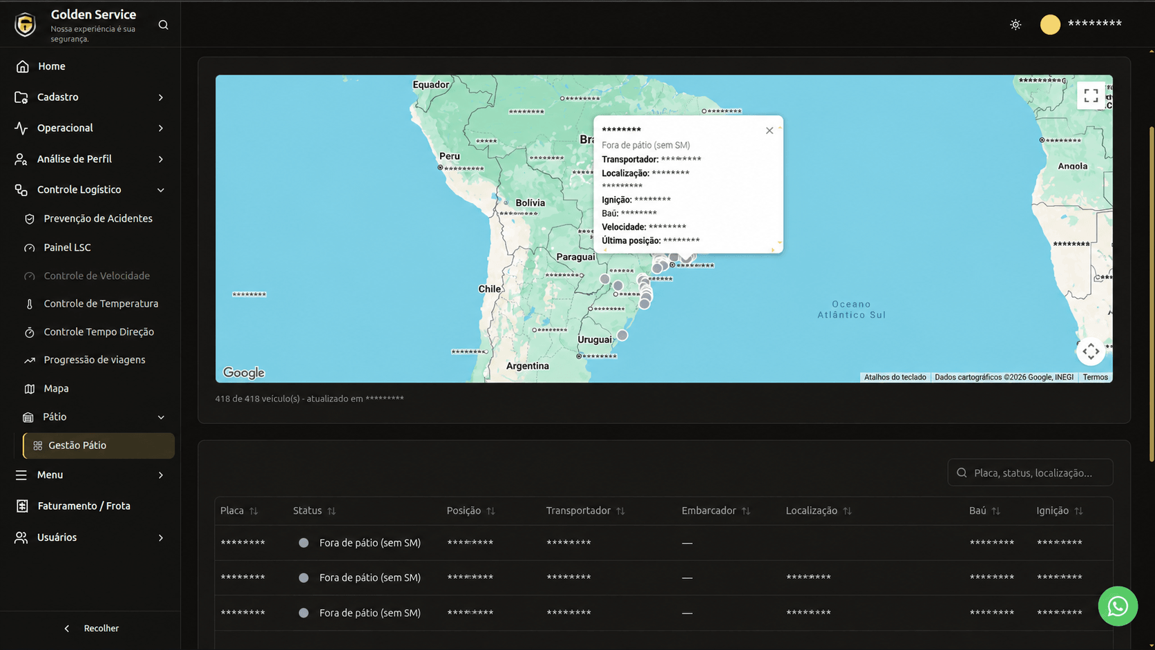 Golden One — mapa da frota com status, ignição e última posição de cada veículo