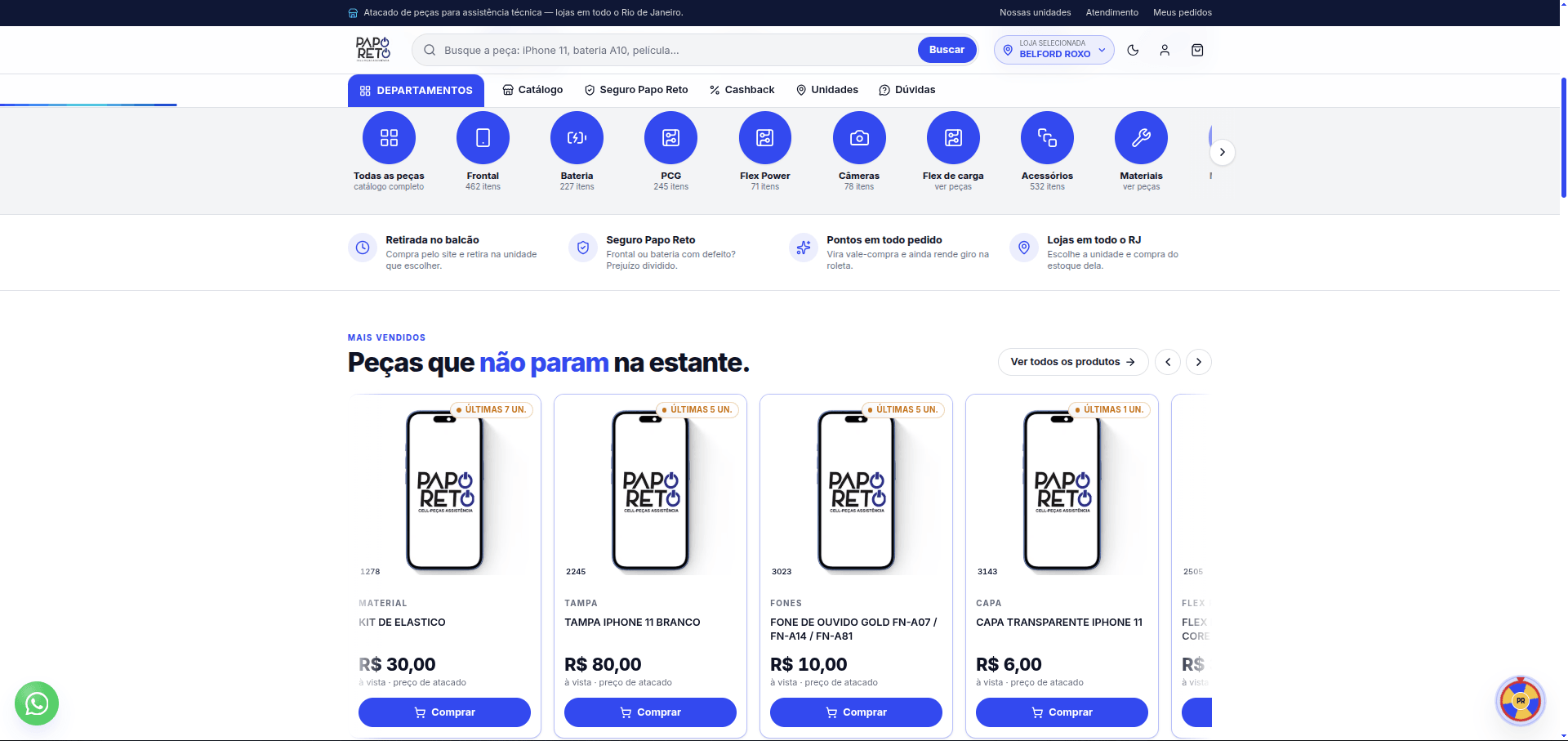 Papo Reto Cell Peças — página inicial com departamentos e peças mais vendidas