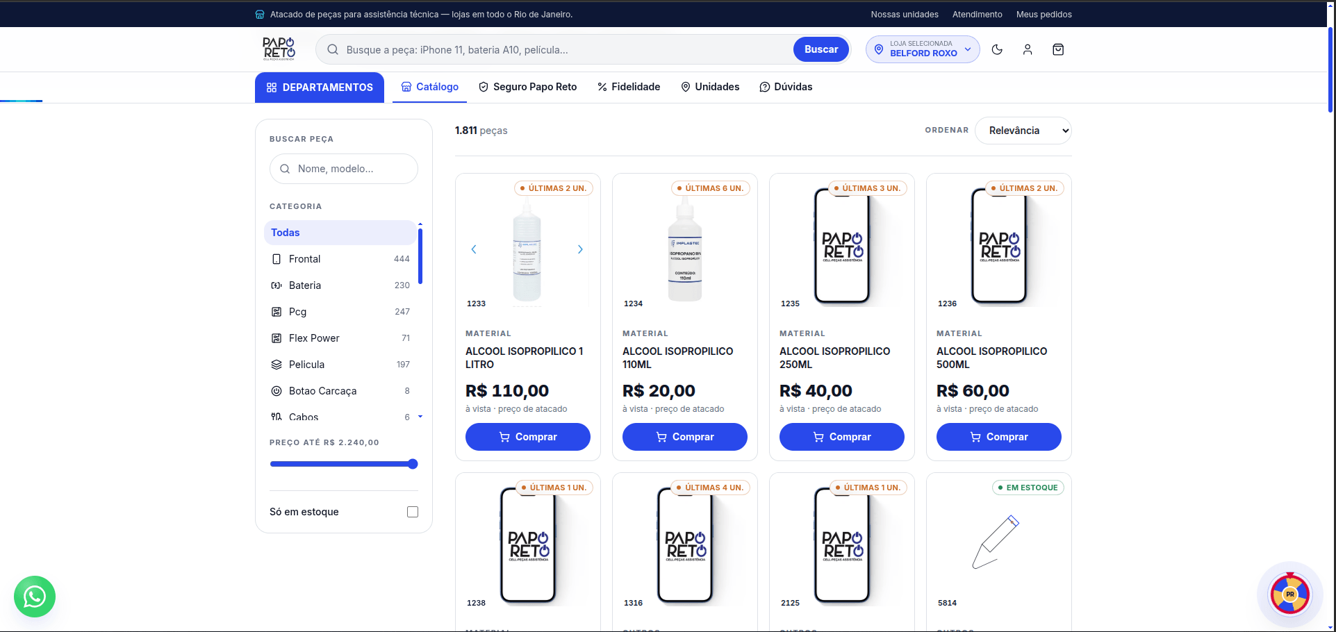 Papo Reto Cell Peças — catálogo com filtros por categoria e preço de atacado