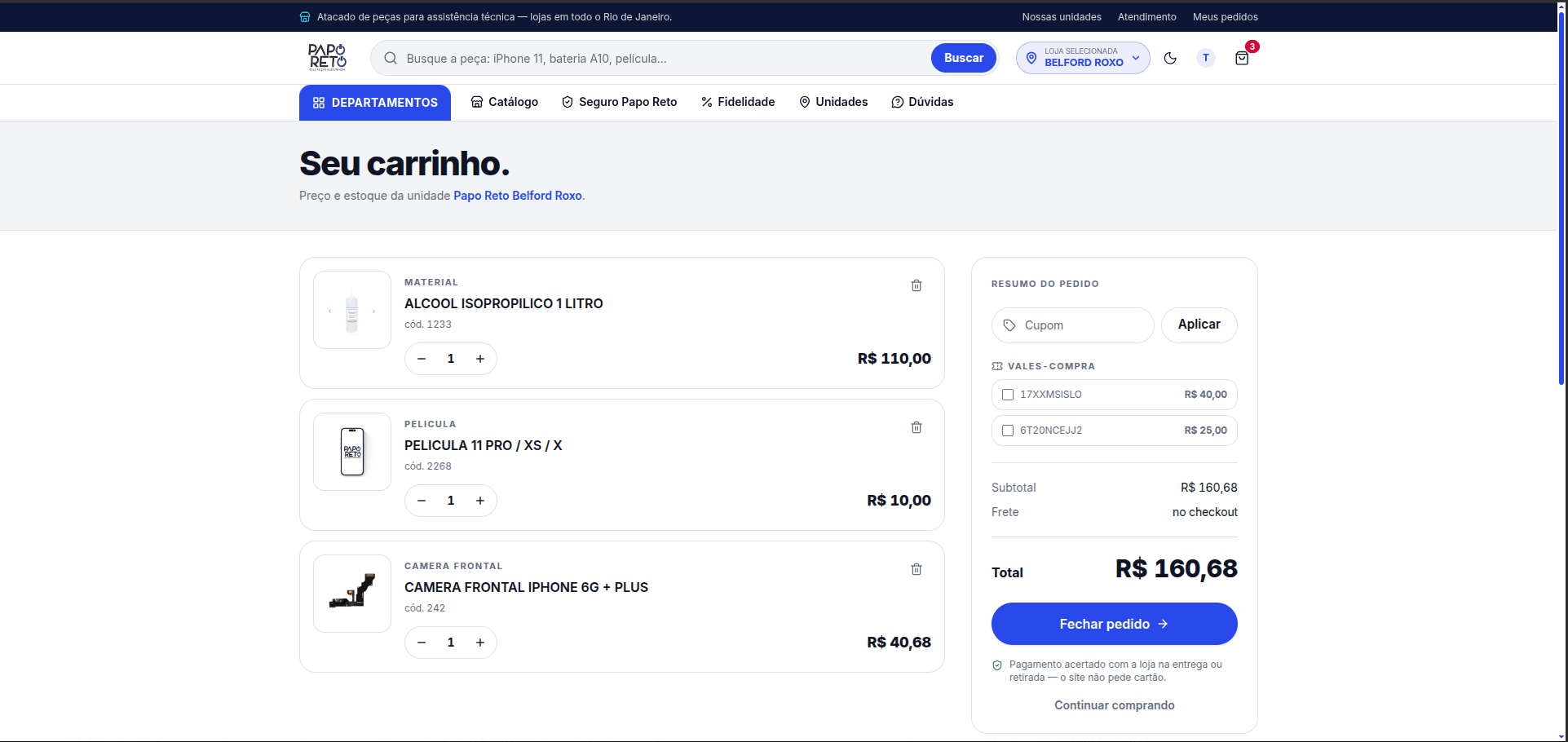 Papo Reto Cell Peças — carrinho com cupom e vales-compra da unidade