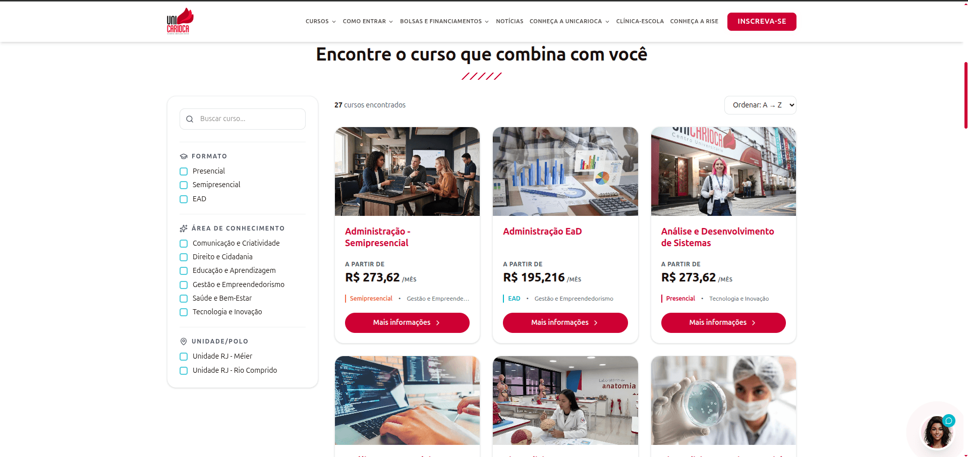 UniCarioca — busca de cursos com filtros por formato, área e unidade