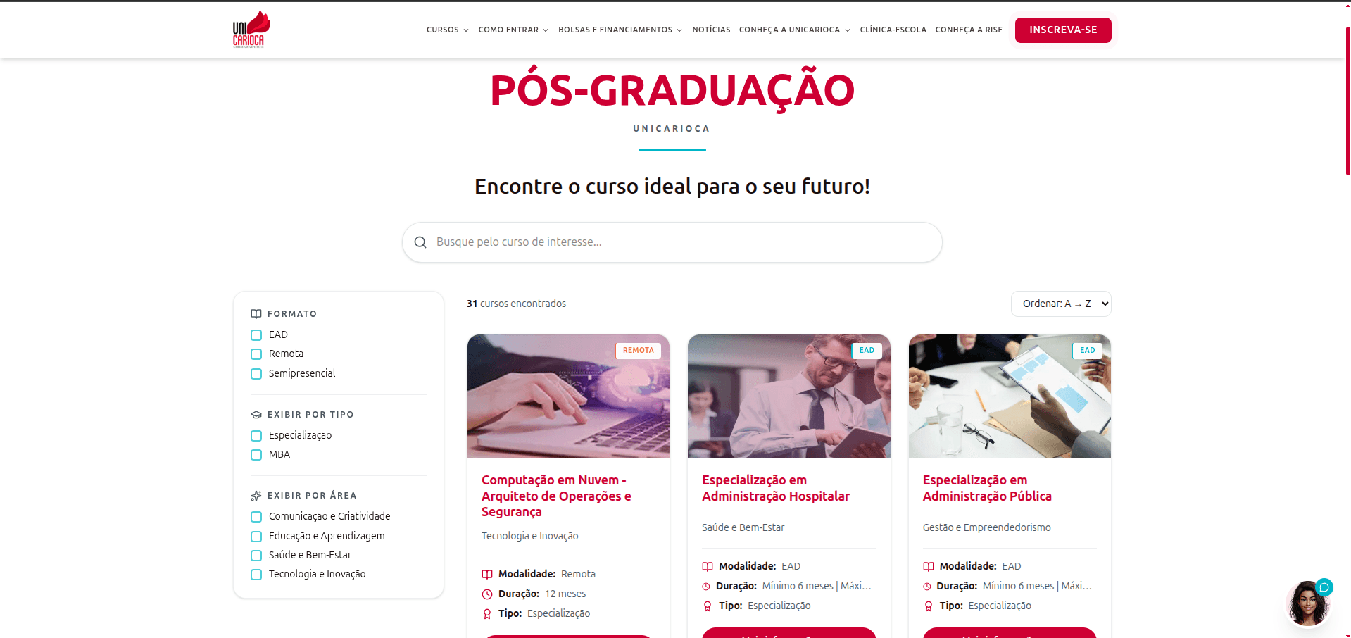 UniCarioca — catálogo de pós-graduação com filtros por formato e tipo